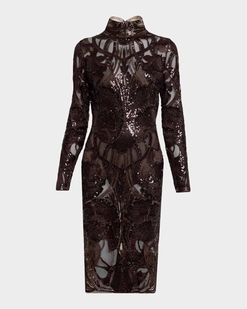 Sequined Lace Mock-Neck Long-Sleeve Dress